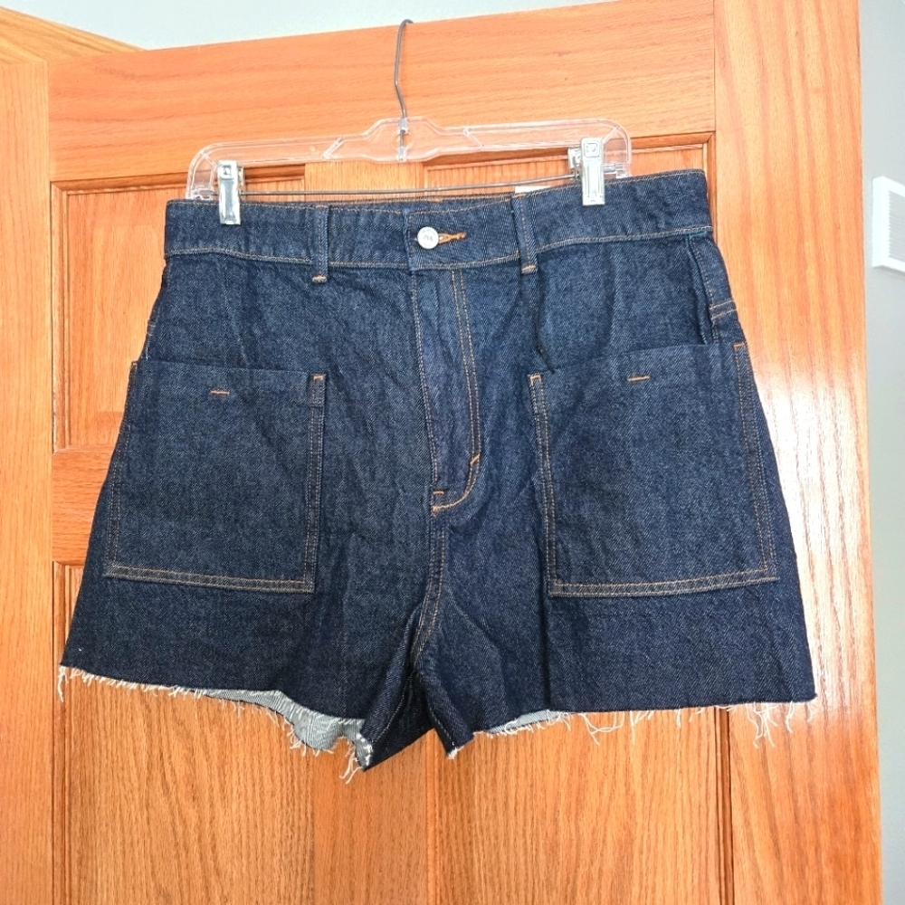 Zara Seamless Shorts High Waisted Hip Pocket Frayed Hem Dark Denim  Sz 14